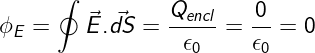 \dpi{120} \fn_cm \large \phi_{E}=\oint\vec{E}.\vec{dS}=\frac{Q_{encl}}{\epsilon_{0}} = \frac{0}{\epsilon_{0}}=0